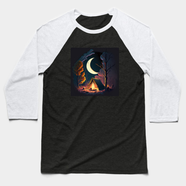 Camping Adventure in the Forest, Campfire Baseball T-Shirt by logiamerch