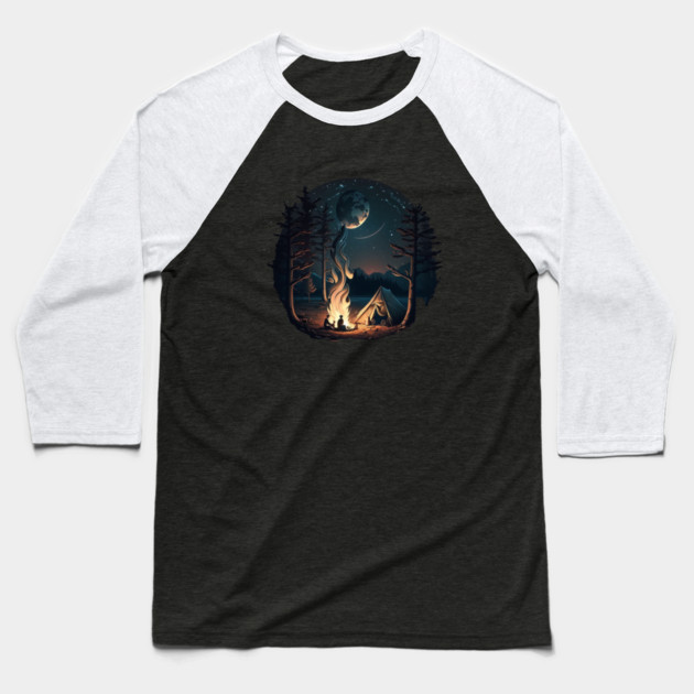 Camping Adventure in the Forest, Campfire Baseball T-Shirt by logiamerch