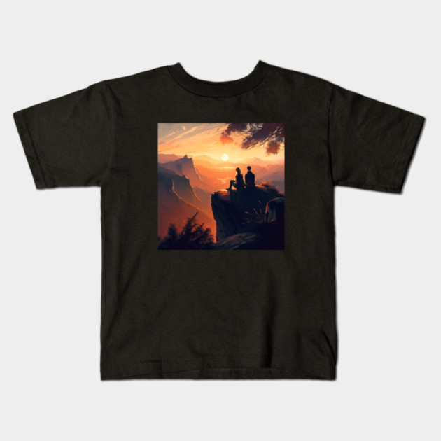 Mountain Hiking Sunset, Adventure Travel Kids T-Shirt by logiamerch