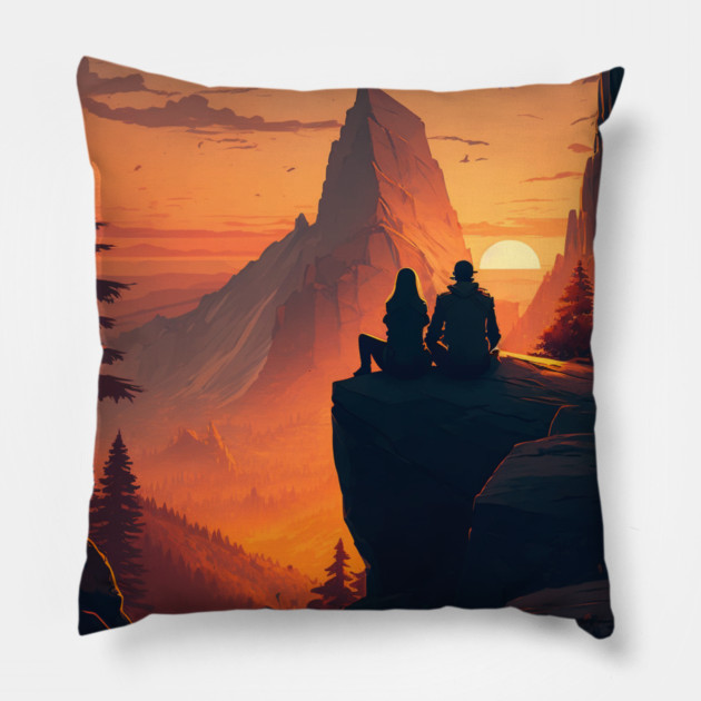Mountain Hiking Sunset, Adventure Travel Couples Pillow by logiamerch