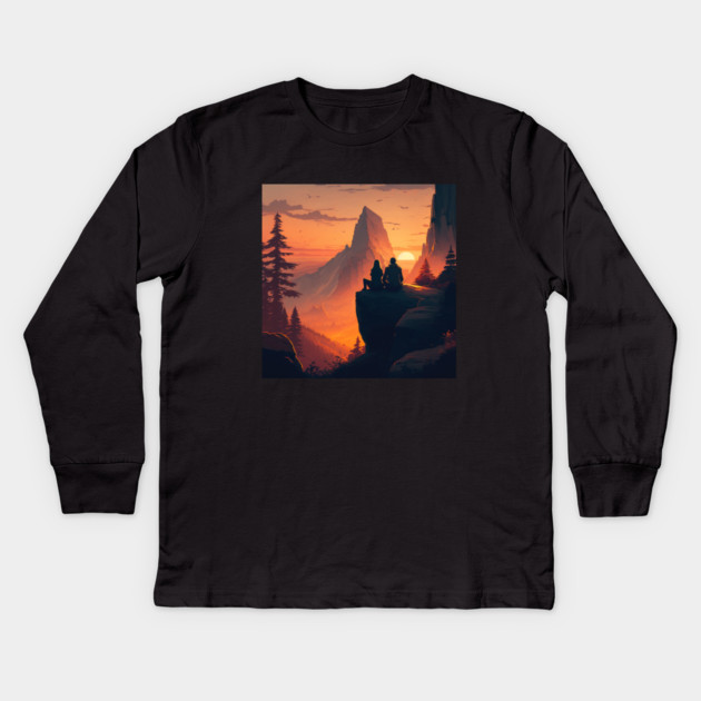 Mountain Hiking Sunset, Adventure Travel Couples Kids Long Sleeve T-Shirt by logiamerch
