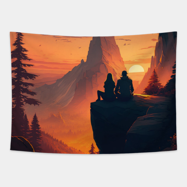 Mountain Hiking Sunset, Adventure Travel Couples Tapestry by logiamerch
