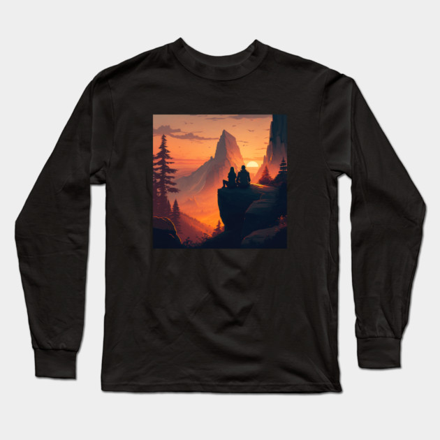 Mountain Hiking Sunset, Adventure Travel Couples Long Sleeve T-Shirt by logiamerch