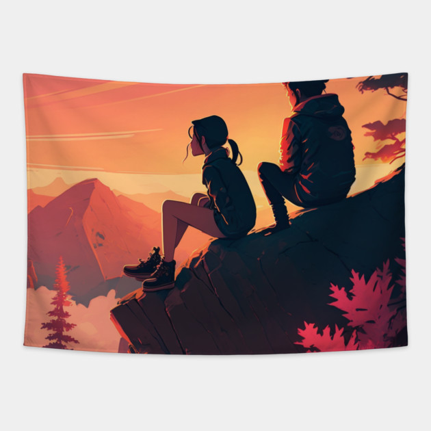 Mountain Hiking Sunset, Adventure Travel Couples Tapestry by logiamerch