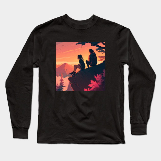 Mountain Hiking Sunset, Adventure Travel Couples Long Sleeve T-Shirt by logiamerch