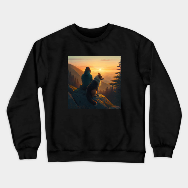Mountain Hiking Sunset, Adventure Travel with My Dog Crewneck Sweatshirt by logiamerch