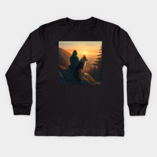 Mountain Hiking Sunset, Adventure Travel with My Dog Kids Long Sleeve T-Shirt