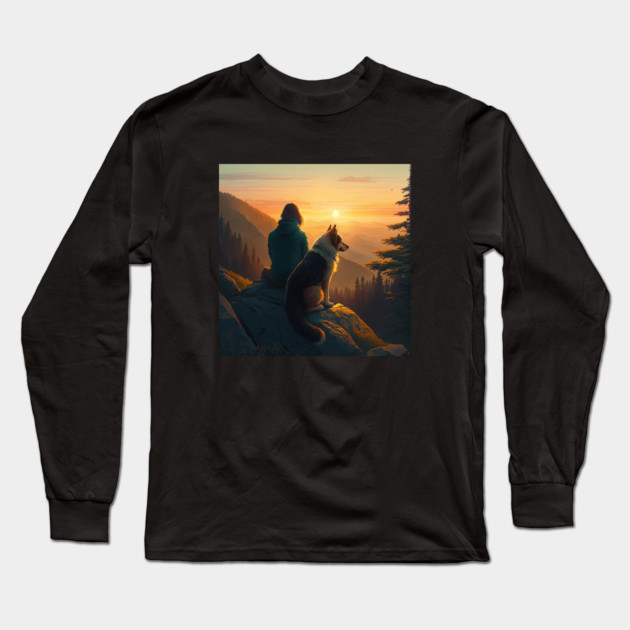Mountain Hiking Sunset, Adventure Travel with My Dog Long Sleeve T-Shirt by logiamerch