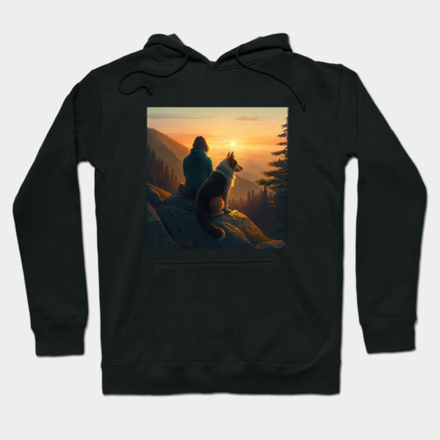 Mountain Hiking Sunset, Adventure Travel with My Dog Hoodie by logiamerch