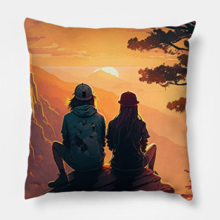 Mountain Hiking Sunset, Adventure Travel Couple Pillow