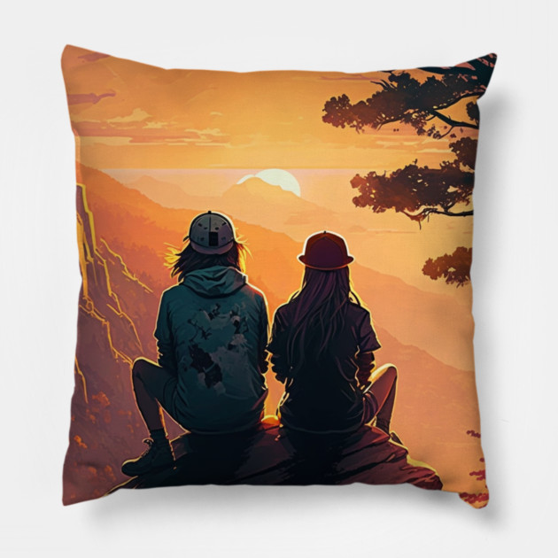 Mountain Hiking Sunset, Adventure Travel Couple Pillow by logiamerch