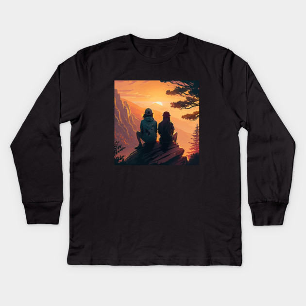 Mountain Hiking Sunset, Adventure Travel Couple Kids Long Sleeve T-Shirt by logiamerch