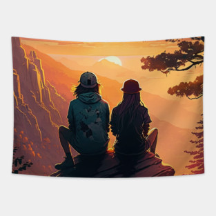 Mountain Hiking Sunset, Adventure Travel Couple Tapestry