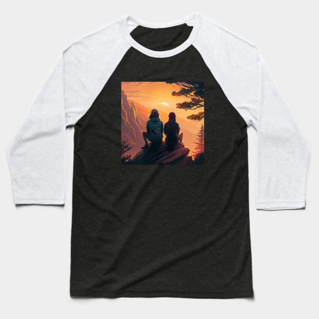 Mountain Hiking Sunset, Adventure Travel Couple Baseball T-Shirt by logiamerch
