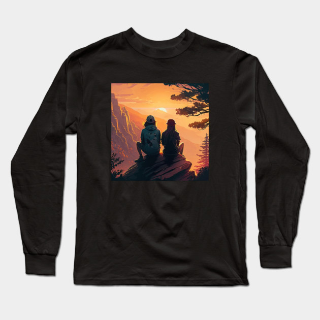 Mountain Hiking Sunset, Adventure Travel Couple Long Sleeve T-Shirt by logiamerch