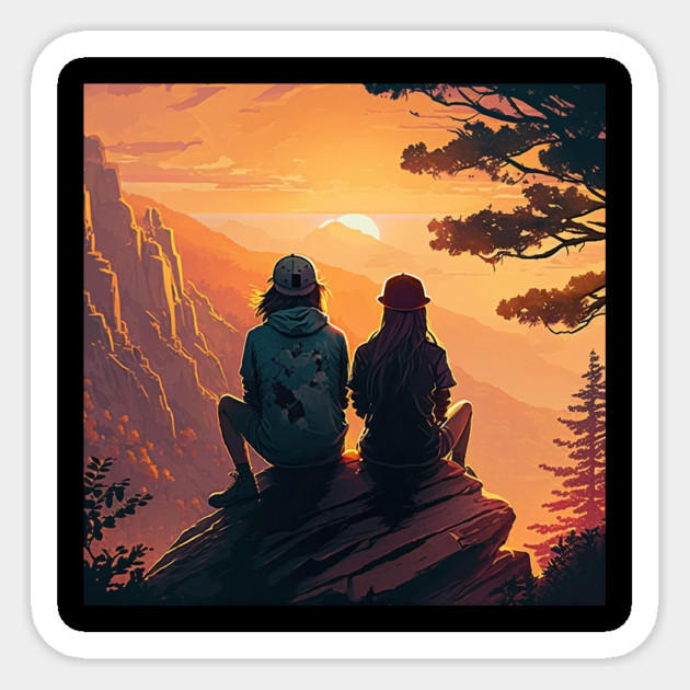 Mountain Hiking Sunset, Adventure Travel Couple Sticker by logiamerch