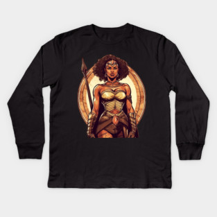 African Queen, Afro Female Warrior, Black History Kids Long Sleeve T-Shirt
