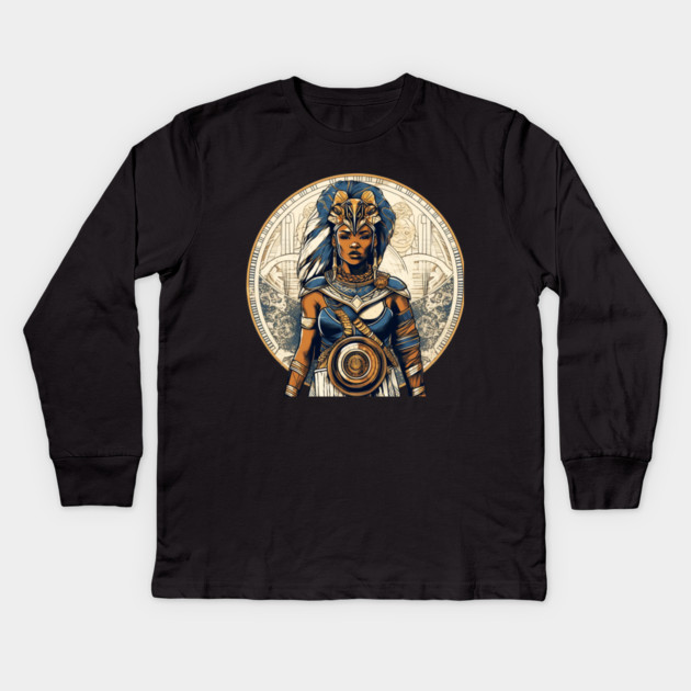 African Queen, Afro Female Warrior, Black History Kids Long Sleeve T-Shirt by logiamerch