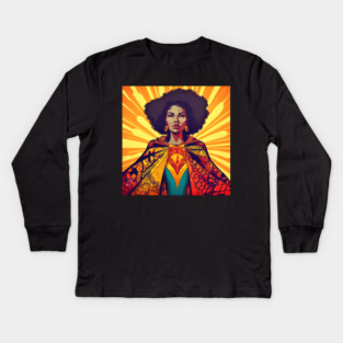 African Queen, Afro Superhero, Female Warrior, Black History Kids Long Sleeve T-Shirt