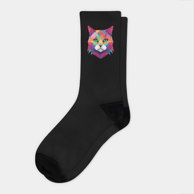 Geometrical Cat, vibrant with blue eyes Socks by BirdsnStuff
