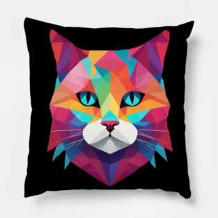 Geometrical Cat, vibrant with blue eyes Pillow
