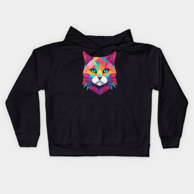 Geometrical Cat, vibrant with blue eyes Kids Hoodie by BirdsnStuff