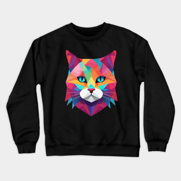 Geometrical Cat, vibrant with blue eyes Crewneck Sweatshirt by BirdsnStuff