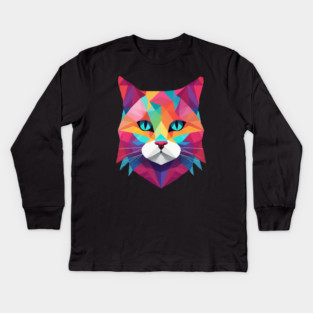 Geometrical Cat, vibrant with blue eyes Kids Long Sleeve T-Shirt