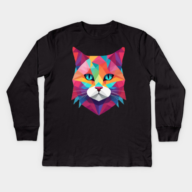 Geometrical Cat, vibrant with blue eyes Kids Long Sleeve T-Shirt by BirdsnStuff