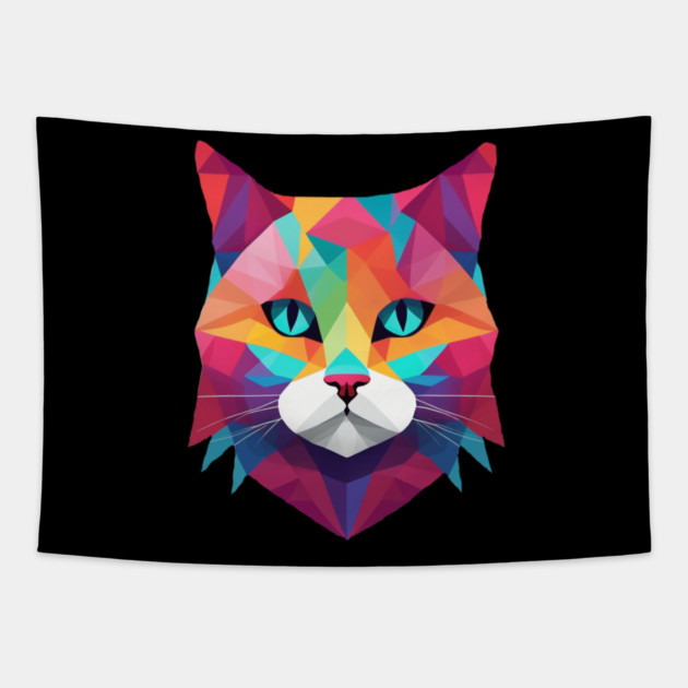 Geometrical Cat, vibrant with blue eyes Tapestry by BirdsnStuff