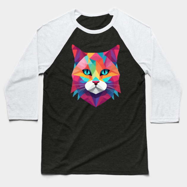 Geometrical Cat, vibrant with blue eyes Baseball T-Shirt by BirdsnStuff