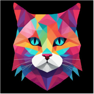 Geometrical Cat, vibrant with blue eyes Posters and Art