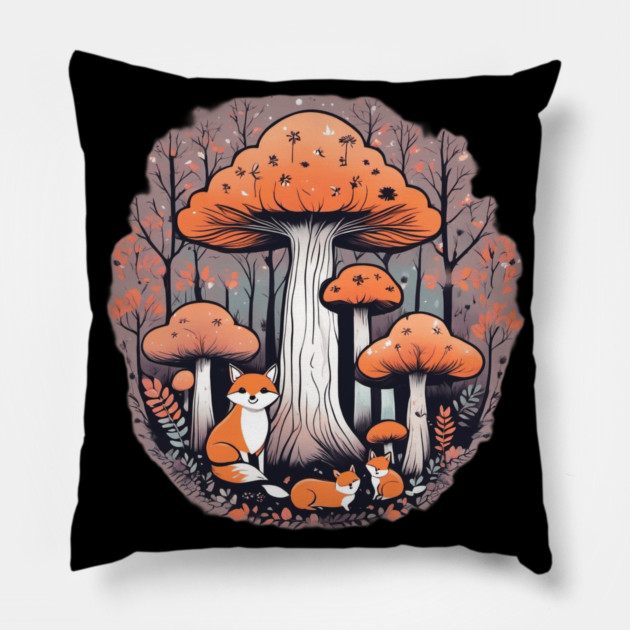 Three little foxes in a mushroom forest Pillow by BirdsnStuff