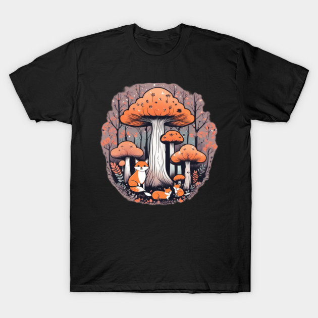 Three little foxes in a mushroom forest T-Shirt by BirdsnStuff