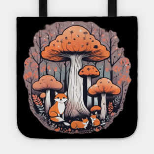 Three little foxes in a mushroom forest Tote