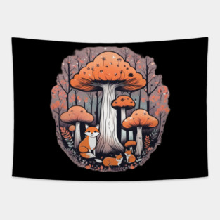 Three little foxes in a mushroom forest Tapestry