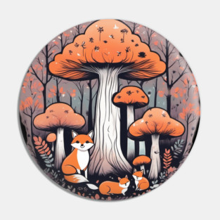 Three little foxes in a mushroom forest Pin