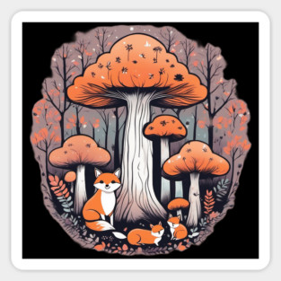 Three little foxes in a mushroom forest Sticker