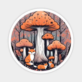 Three little foxes in a mushroom forest Magnet
