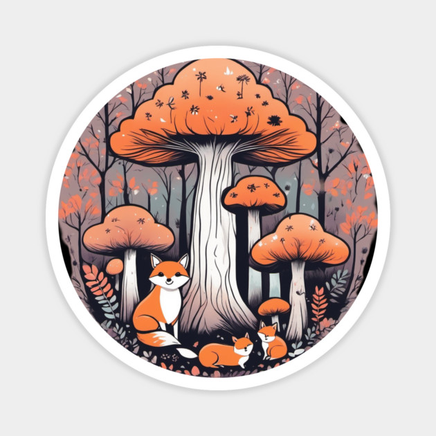 Three little foxes in a mushroom forest Magnet by BirdsnStuff
