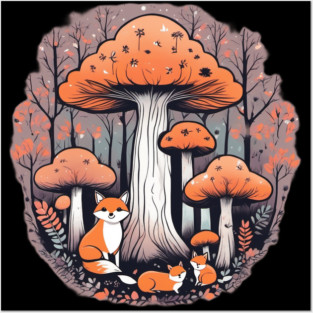 Three little foxes in a mushroom forest Posters and Art