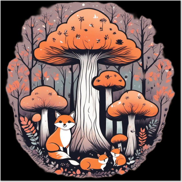 Three little foxes in a mushroom forest Wall Art by BirdsnStuff