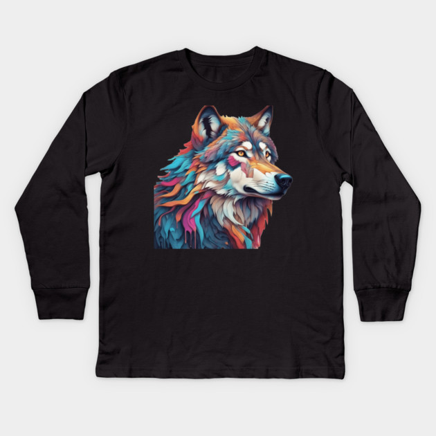 Surrealism art style of a Timber Wolf Kids Long Sleeve T-Shirt by BirdsnStuff