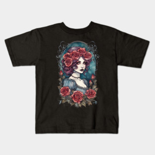 Victorian Gothic Lady with Red Roses Kids T-Shirt