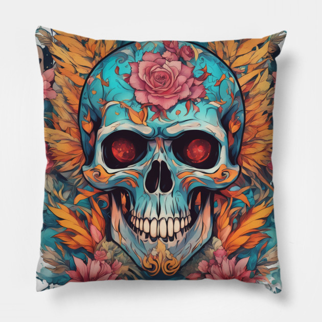 Cool Skull With Flower New Variant Pillow by animegirlnft