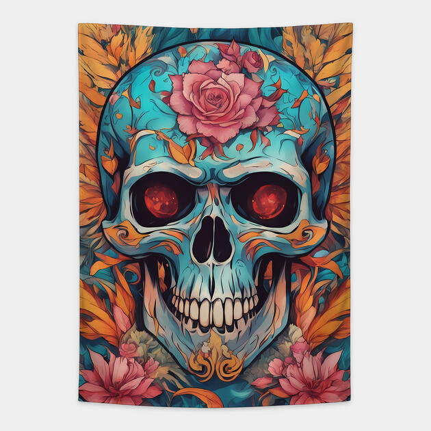 Cool Skull With Flower New Variant Tapestry by animegirlnft