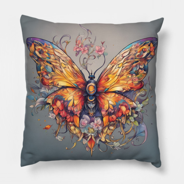butterfly with flowers and leaves Pillow by animegirlnft