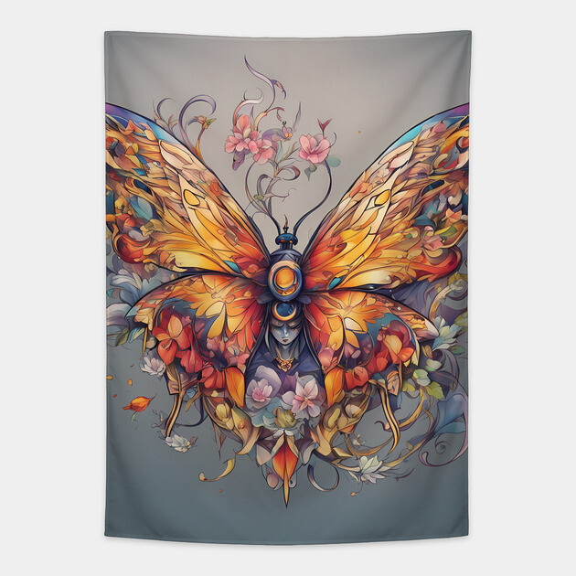 butterfly with flowers and leaves Tapestry by animegirlnft