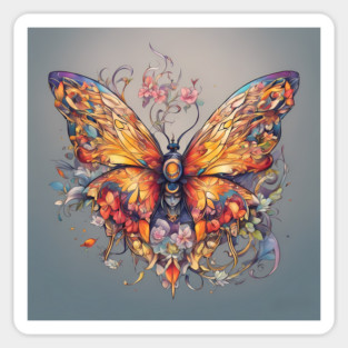 butterfly with flowers and leaves Sticker