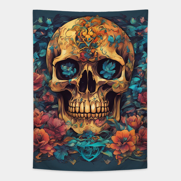 Top Flowers Skull Samurai Tapestry by animegirlnft